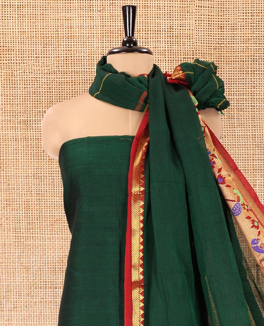 Green Mercerised Cotton Material Chudidar Set, Adorned with Paithani Bordered Top, a Mercerised Cotton Bottom, and Paired with a Matching Mercerised Cotton Paithani Bordered Dupatta - Image 3