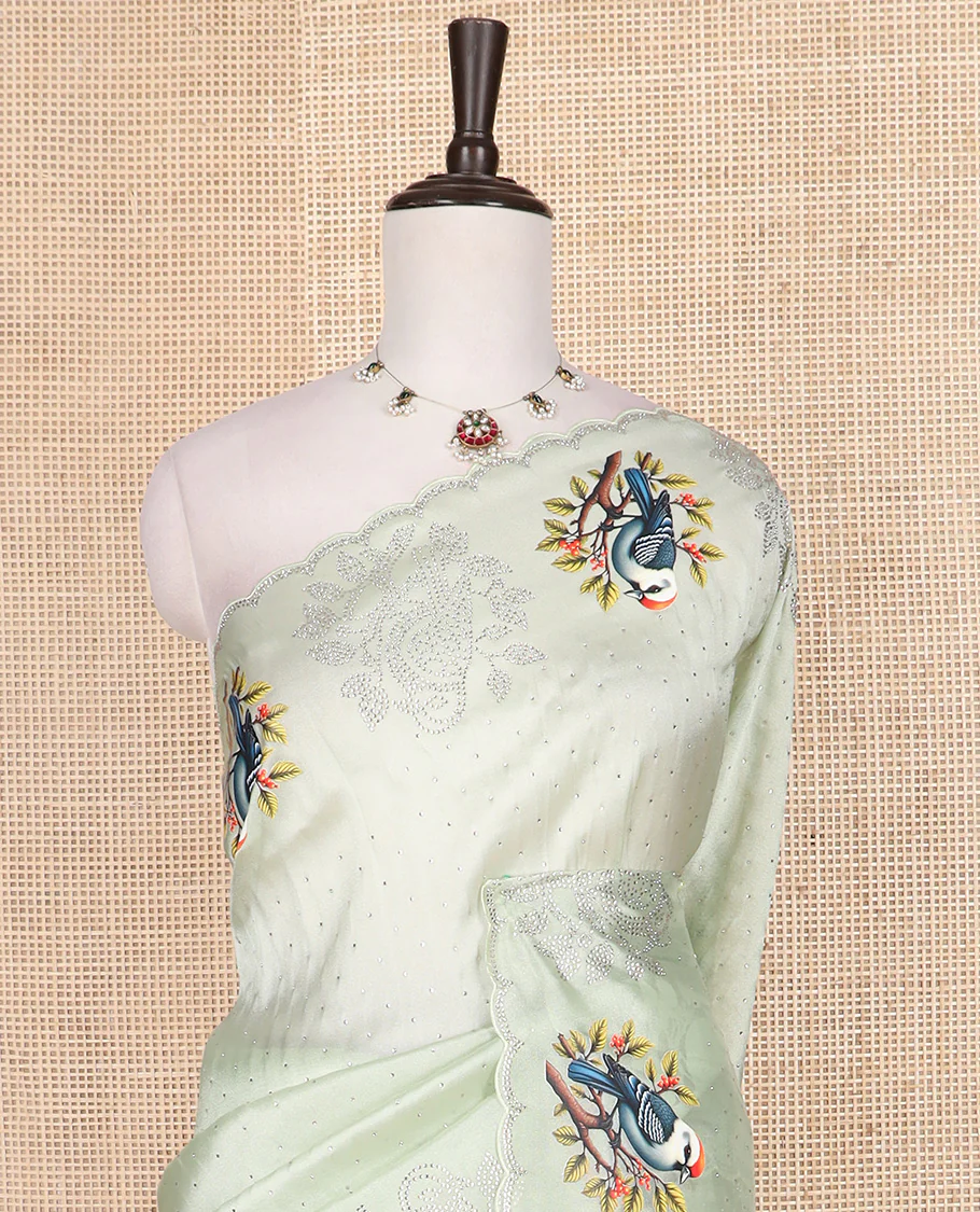 Green micro stone work designer saree with scallop stone work border of sparrow motifs digital print, and pallu of micro-stone work - Image 3