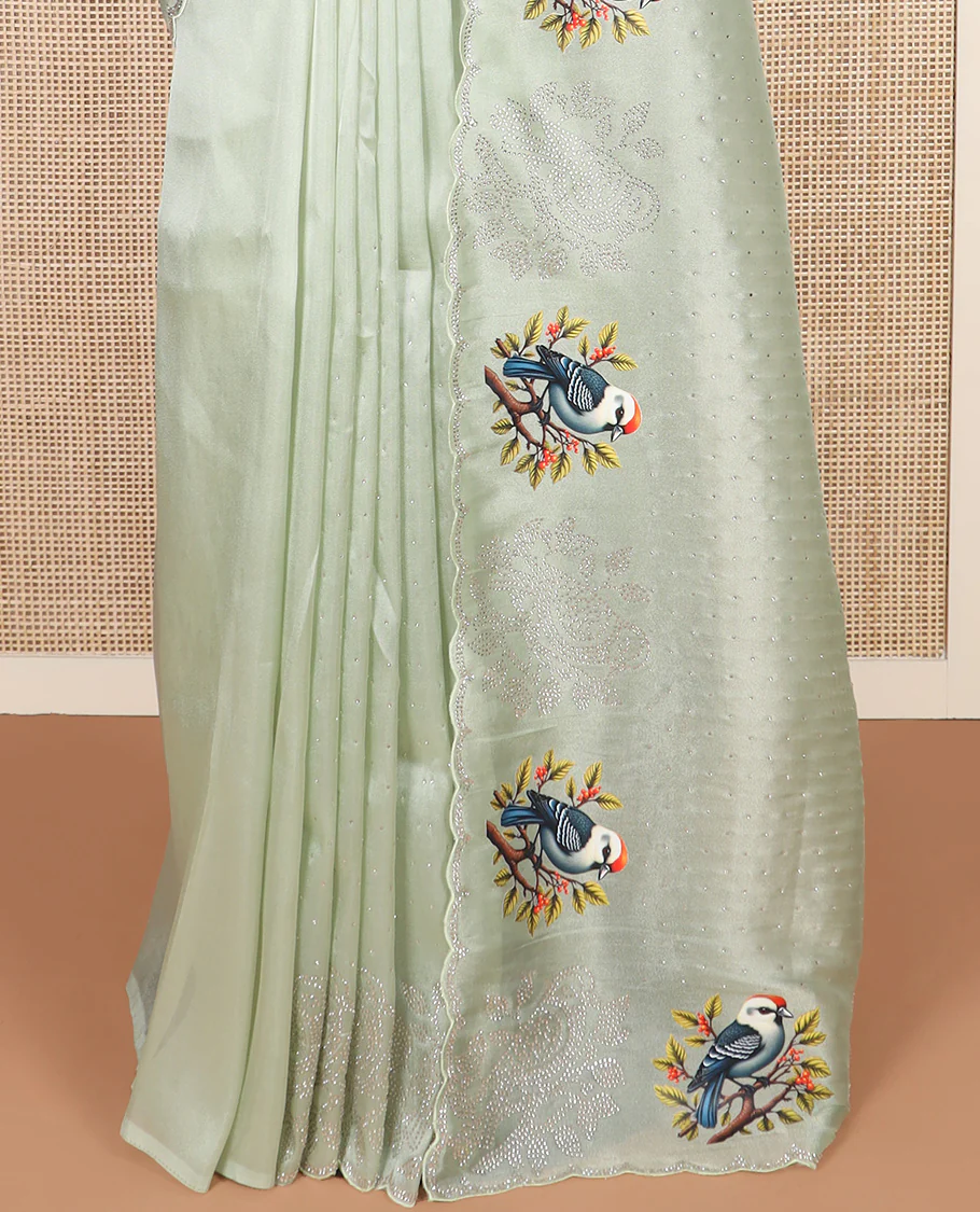 Green micro stone work designer saree with scallop stone work border of sparrow motifs digital print, and pallu of micro-stone work - Image 4