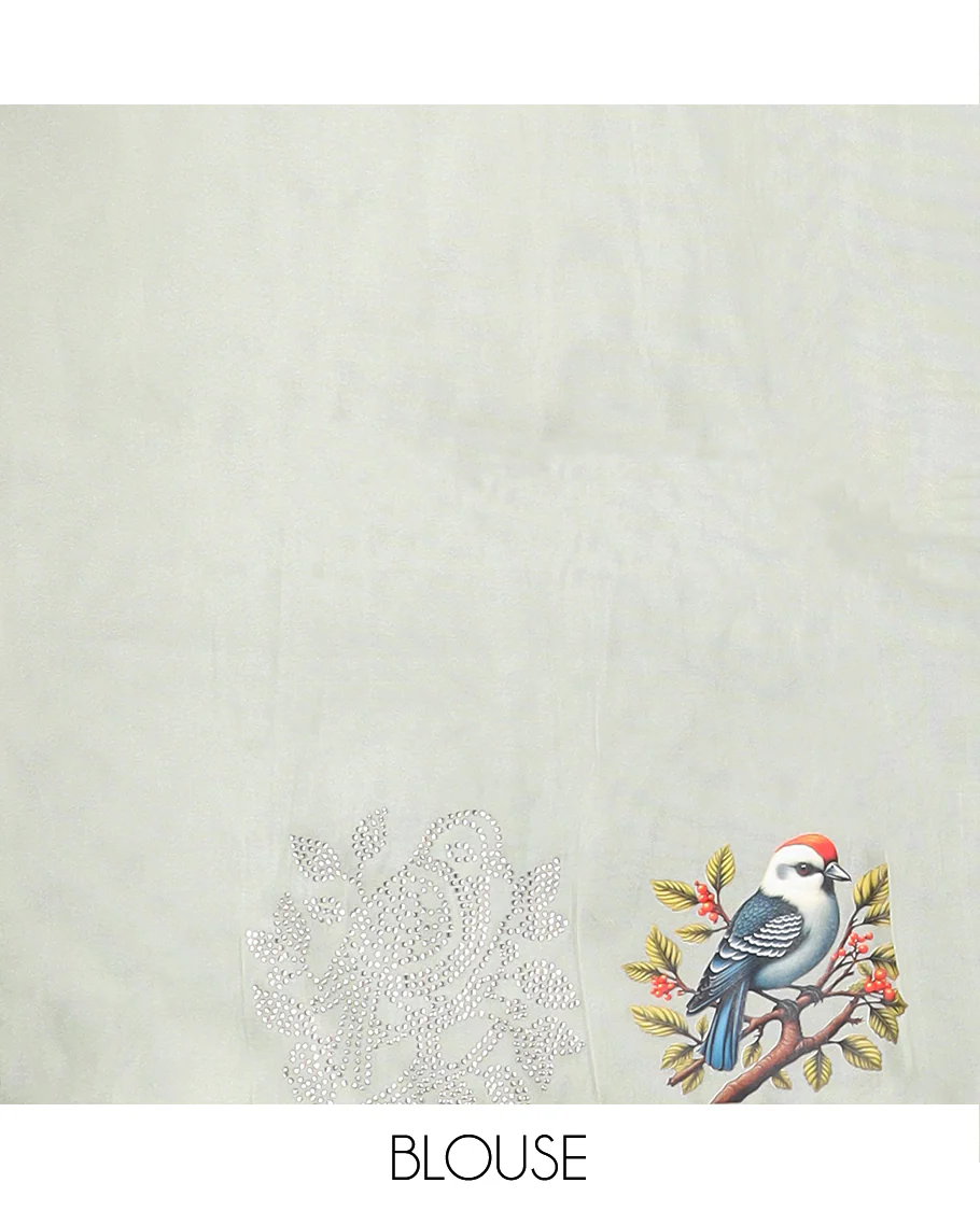 Green micro stone work designer saree with scallop stone work border of sparrow motifs digital print, and pallu of micro-stone work - Image 5