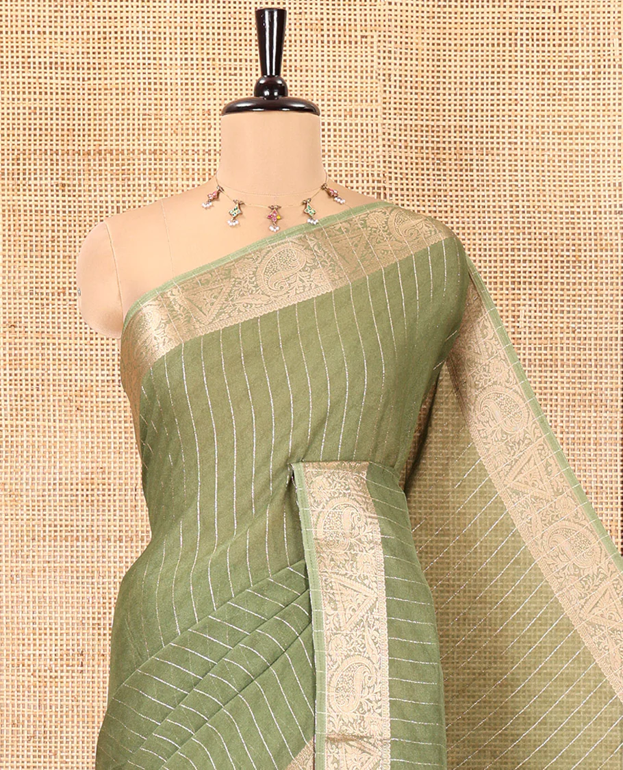 Green Moss Chiffon Saree, Gleamed Up with Vertical Zari Stripes All Over Its Body, Highlighted by a Zari Border of Paisleys and Diamond Designs, a Self-Pallu, and Paired with a Matching Blouse - Image 2