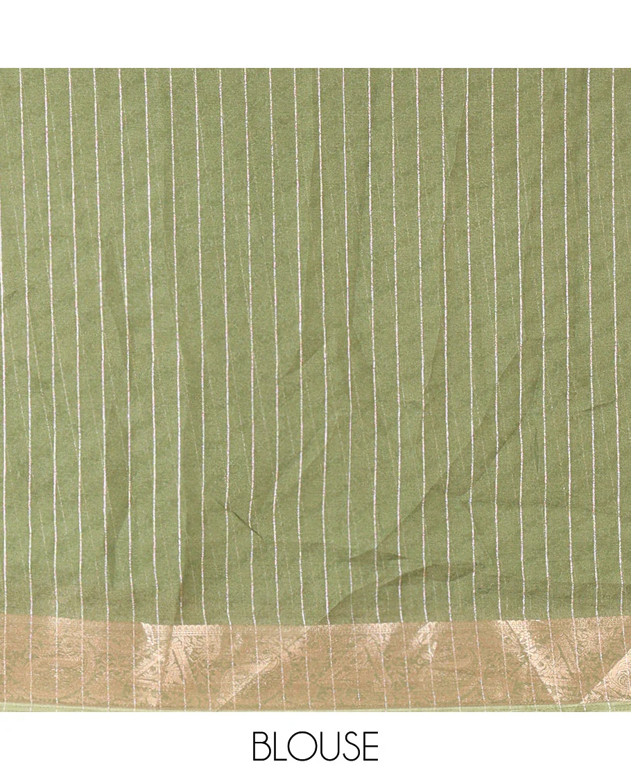 Green Moss Chiffon Saree, Gleamed Up with Vertical Zari Stripes All Over Its Body, Highlighted by a Zari Border of Paisleys and Diamond Designs, a Self-Pallu, and Paired with a Matching Blouse - Image 3