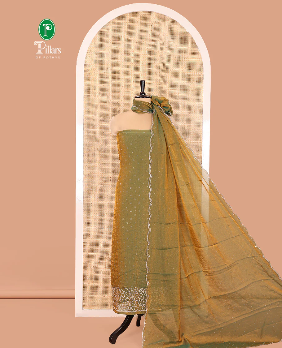 Green Moss Organza Material Churidar Set, Gleamed Up with Swarovski Stone Work-Style Floral Top, Comes with a Plain Santoon Bottom, and Is Paired with Swarovski Stone Work Moss Organza Dupatta