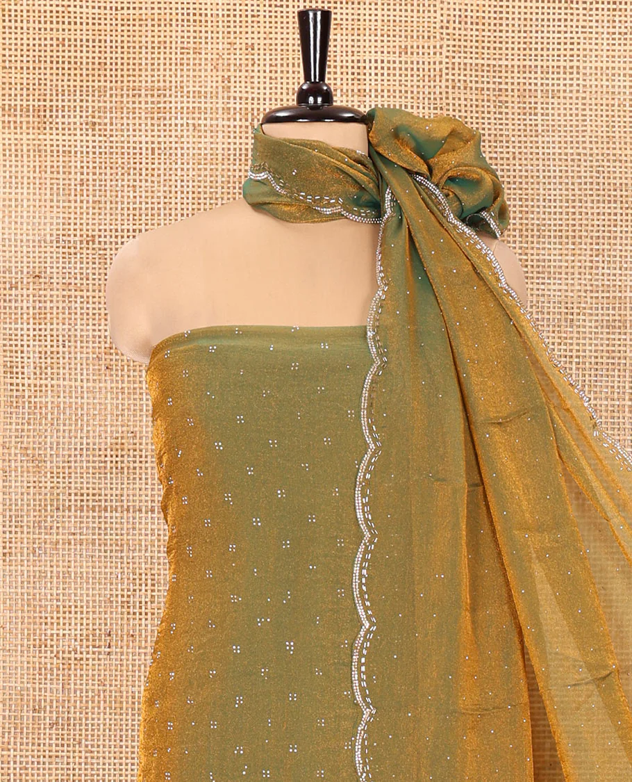 Green Moss Organza Material Churidar Set, Gleamed Up with Swarovski Stone Work-Style Floral Top, Comes with a Plain Santoon Bottom, and Is Paired with Swarovski Stone Work Moss Organza Dupatta - Image 3