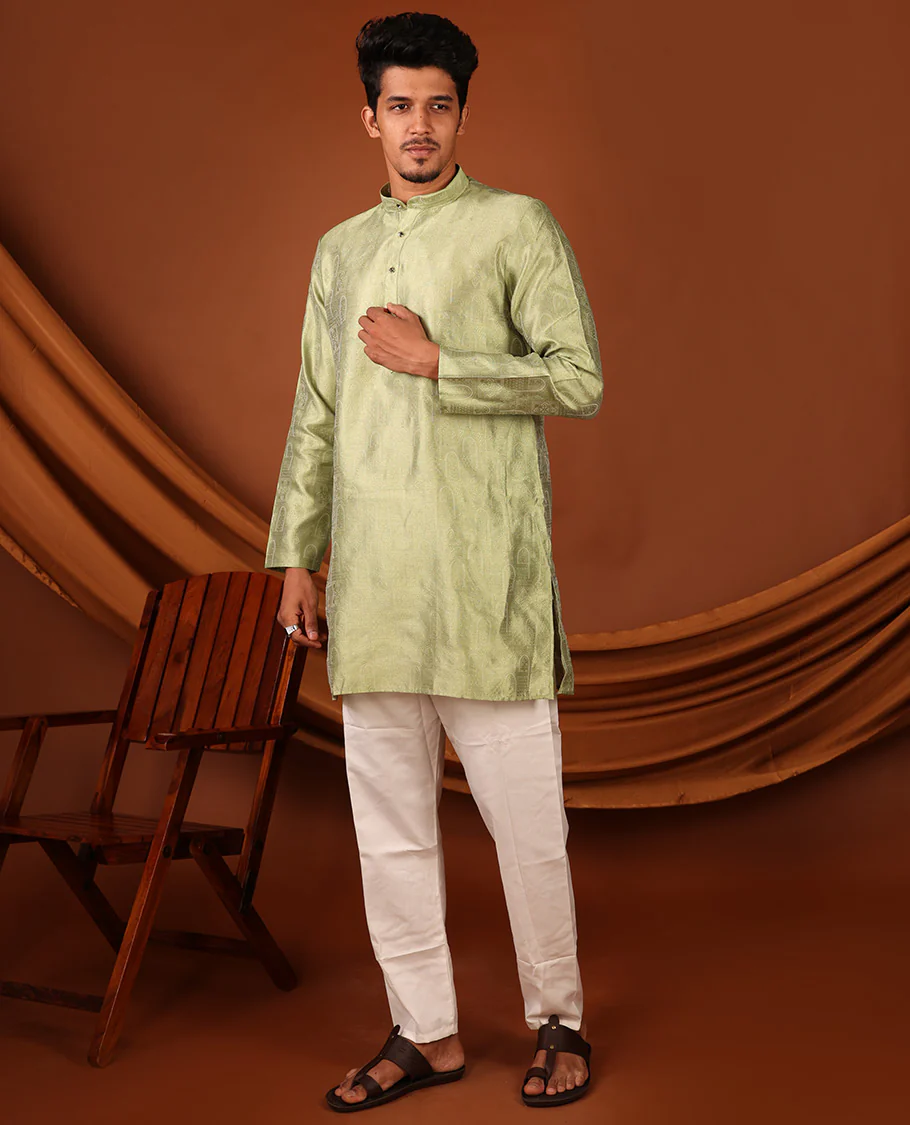 Green Mughal-Style Arches Embossed Full-Sleeved Men's Kurta - Image 3