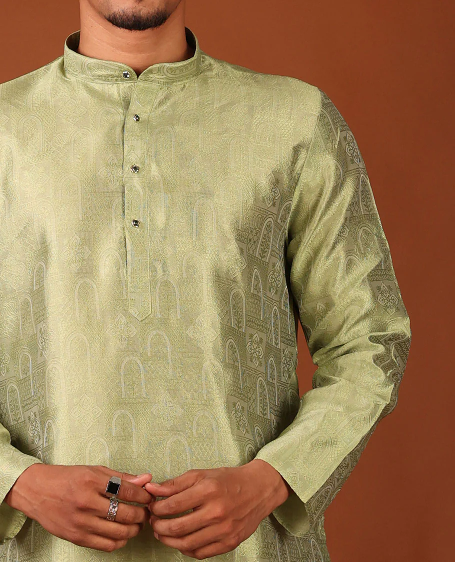 Green Mughal-Style Arches Embossed Full-Sleeved Men's Kurta - Image 4