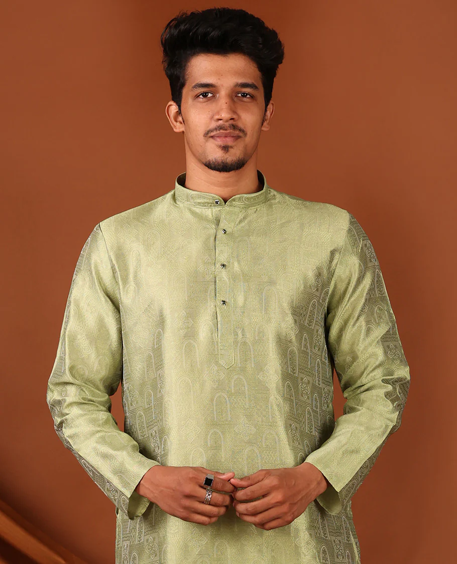 Green Mughal-Style Arches Embossed Full-Sleeved Men's Kurta - Image 5