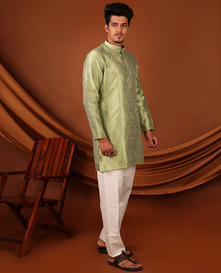 Green Mughal-Style Arches Embossed Full-Sleeved Men's Kurta - Image 6