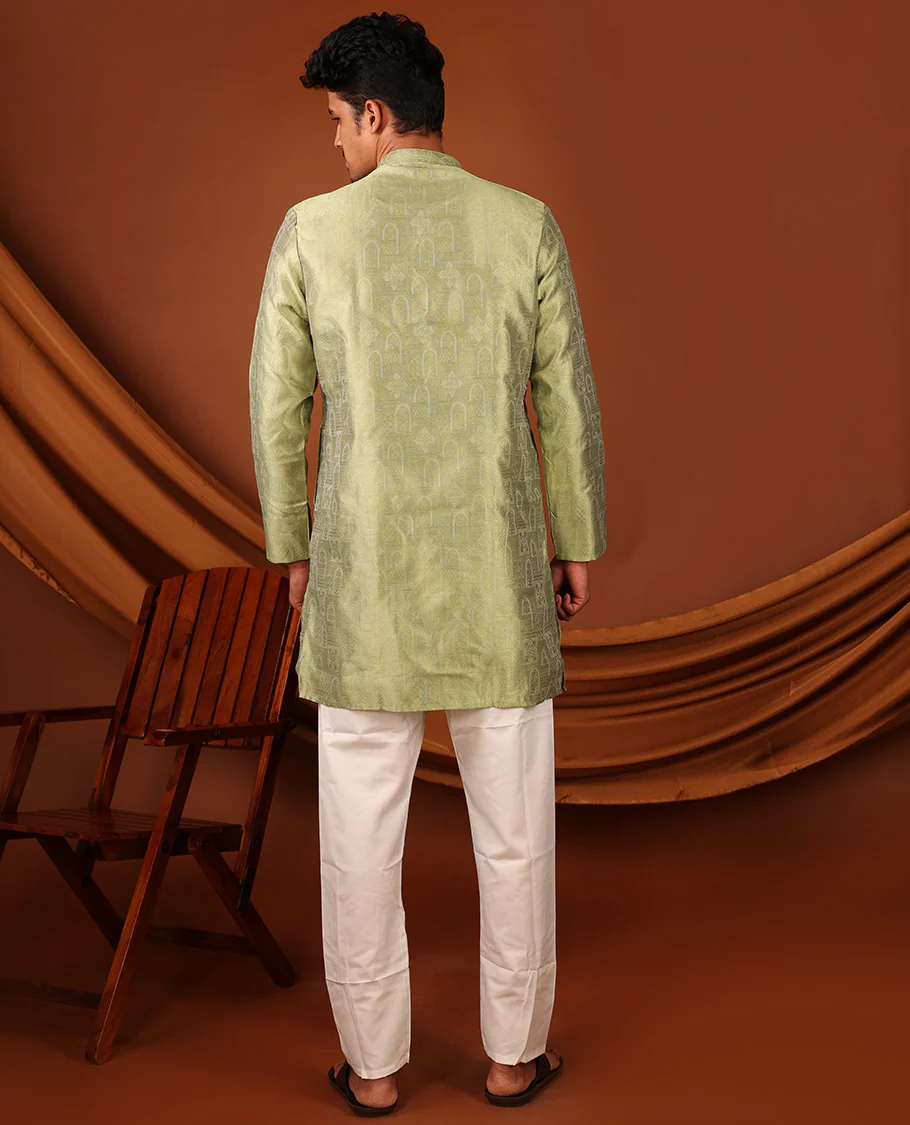 Green Mughal-Style Arches Embossed Full-Sleeved Men's Kurta - Image 7