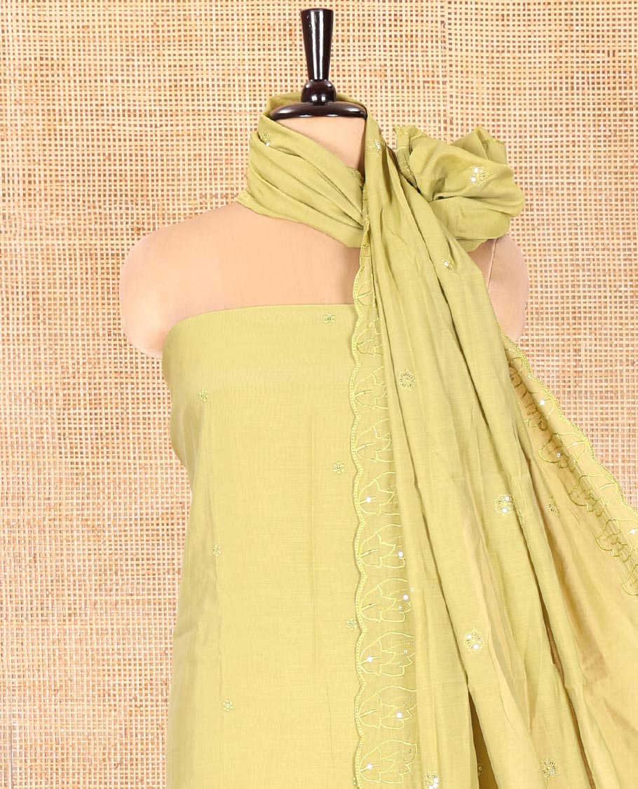 Green Mul Chanderi Material Chudidar Set, Accentuated with Appliqué Floral Embroidery on Its Top, a Plain Santoon Bottom, and Paired Scallop Embroidered Mul Chanderi Dupatta - Image 3