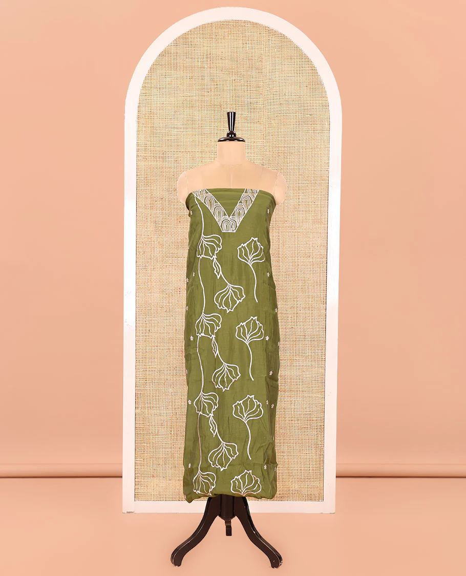 Green Mul Chanderi Material Churidar Set, Decked Up with Flower Embroidery and Sequins Work V-Neck Top, a Plain Santoon Bottom, and Paired with a Mul Chanderi Floral Embroidered Dupatta - Image 4