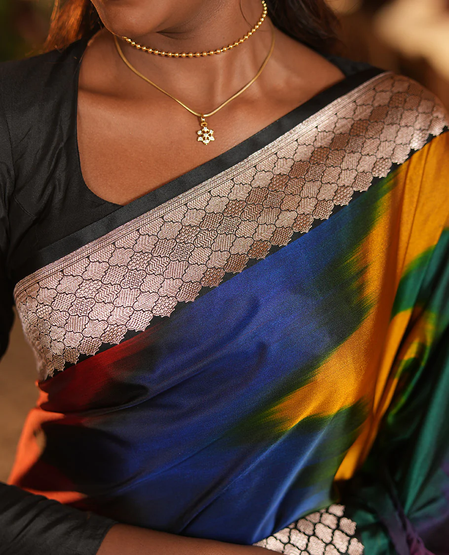 Green-Multi-Color Mushru Silk Saree with Pochampally Weave, Contrast Ogee Border, Grand Ogee Pallu, and Contrast Blouse - Image 2