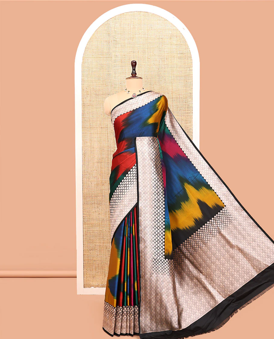 Green-Multi-Color Mushru Silk Saree with Pochampally Weave, Contrast Ogee Border, Grand Ogee Pallu, and Contrast Blouse - Image 5