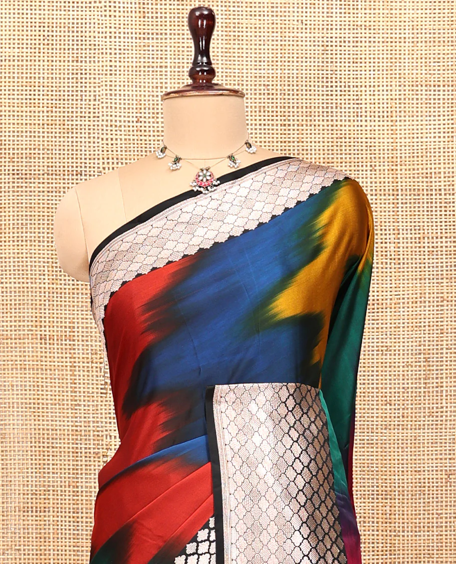 Green-Multi-Color Mushru Silk Saree with Pochampally Weave, Contrast Ogee Border, Grand Ogee Pallu, and Contrast Blouse - Image 6
