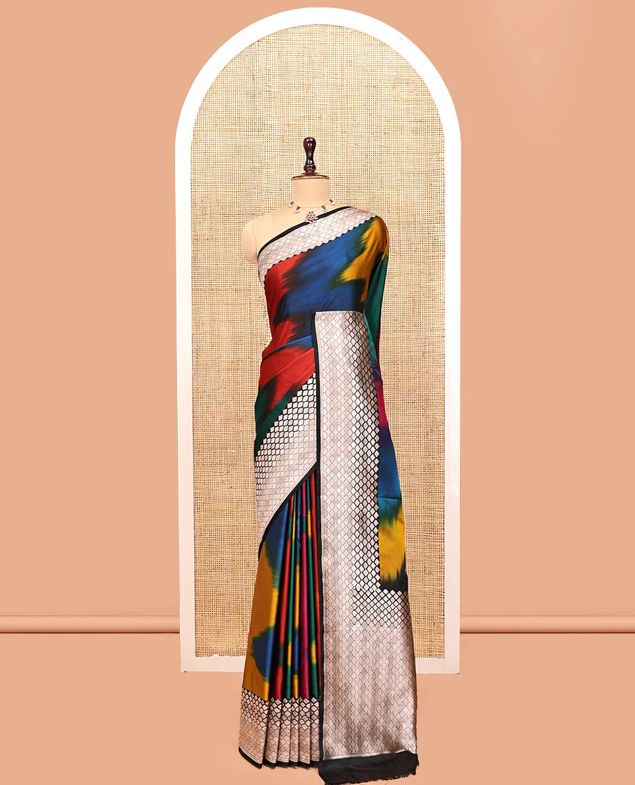 Green-Multi-Color Mushru Silk Saree with Pochampally Weave, Contrast Ogee Border, Grand Ogee Pallu, and Contrast Blouse - Image 7