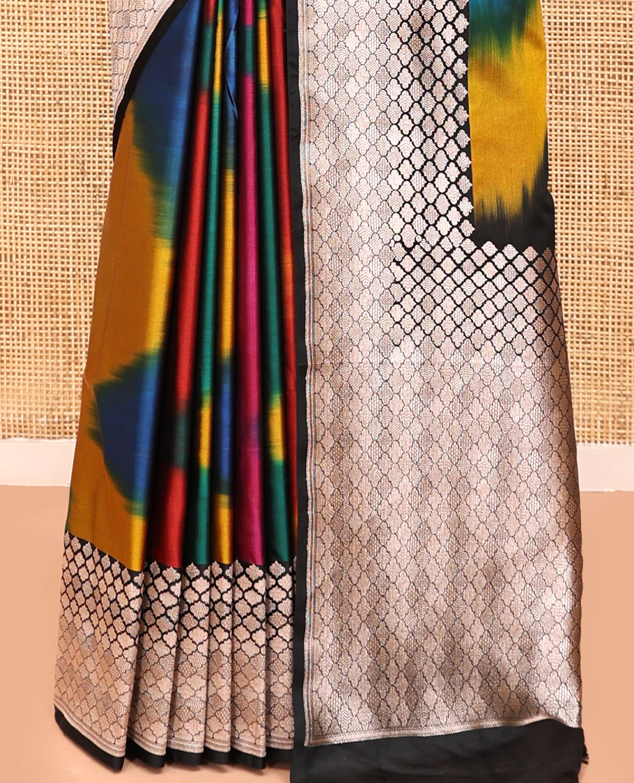 Green-Multi-Color Mushru Silk Saree with Pochampally Weave, Contrast Ogee Border, Grand Ogee Pallu, and Contrast Blouse - Image 8