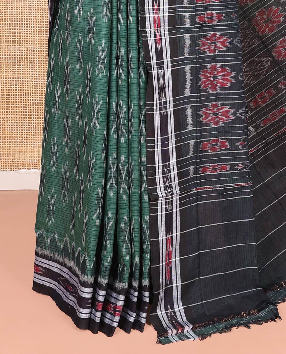 Green Odisha Cotton Saree Showcasing Buttas All Over the Body, Complemented by a Contrast Temple Border of Geometric Patterns, Pallu Depicts Floral Motifs in a Hazily Weave, and Has No Blouse - Image 3