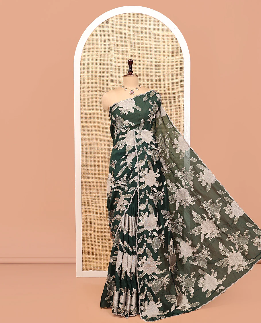 Green Organza Saree, Finely Crafted with Floral Thread Embroidery, Scallop-Embroidered Border, and a Matching Floral Embroidered Blouse