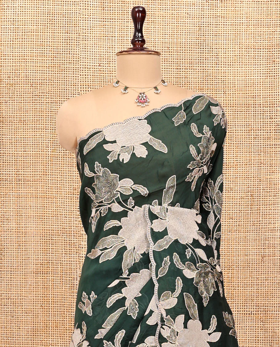 Green Organza Saree, Finely Crafted with Floral Thread Embroidery, Scallop-Embroidered Border, and a Matching Floral Embroidered Blouse - Image 2