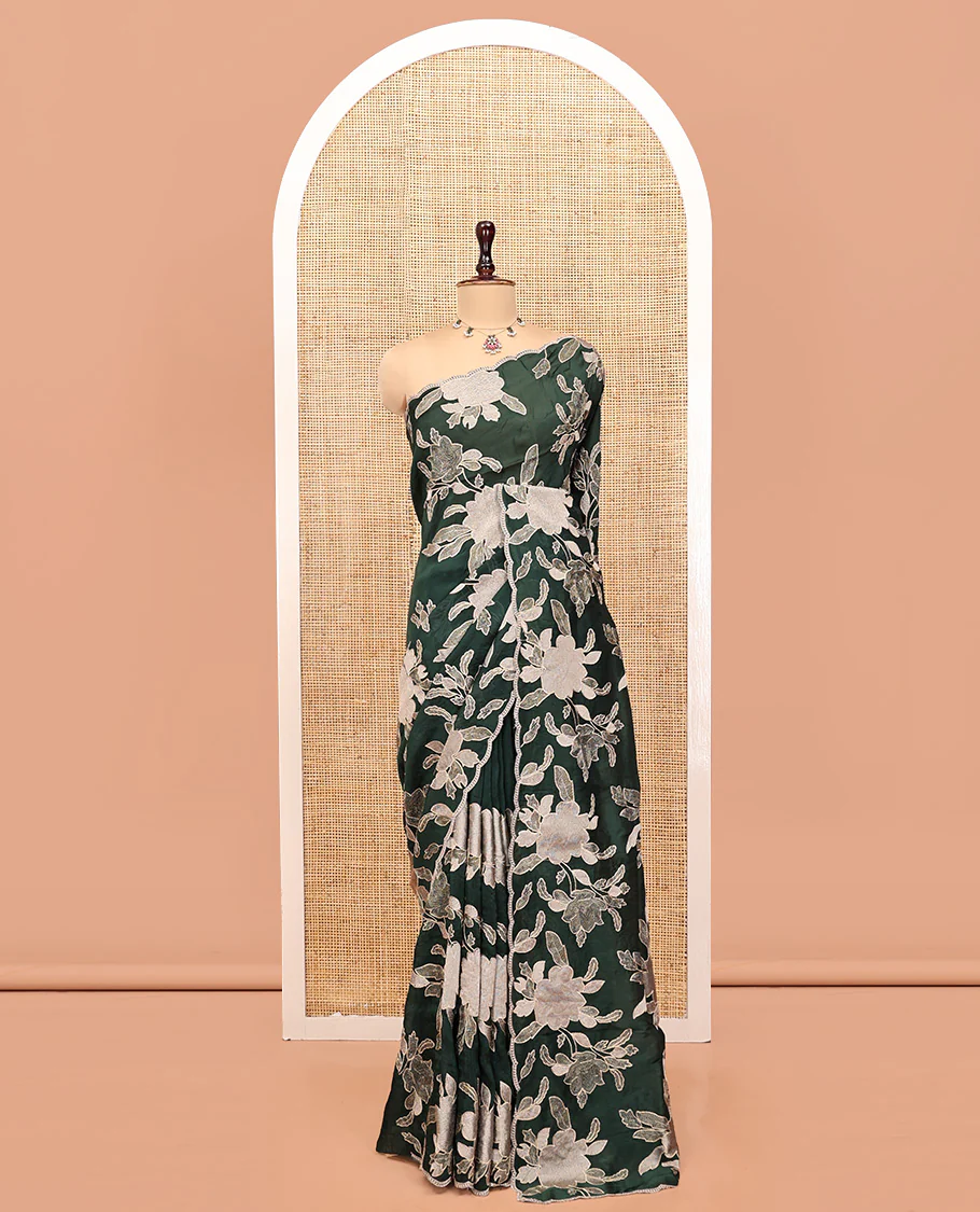 Green Organza Saree, Finely Crafted with Floral Thread Embroidery, Scallop-Embroidered Border, and a Matching Floral Embroidered Blouse - Image 3