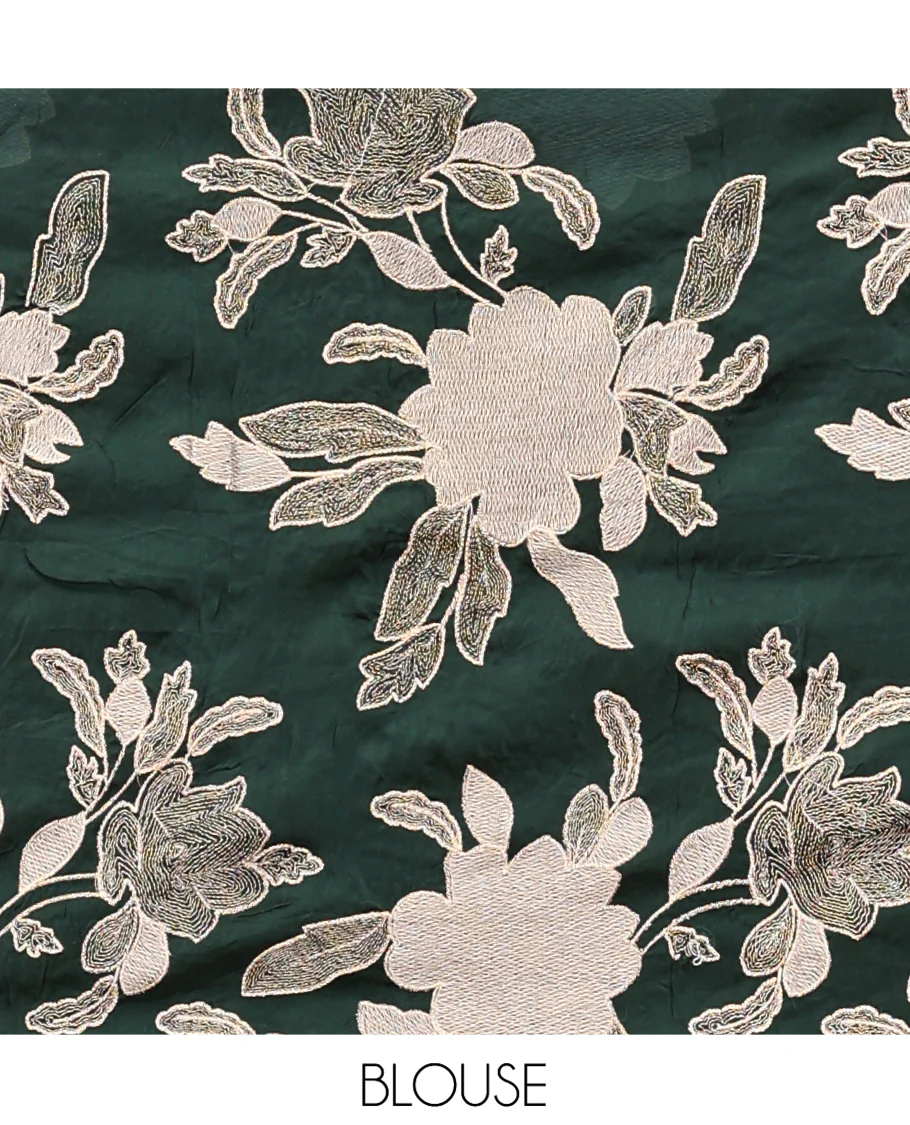 Green Organza Saree, Finely Crafted with Floral Thread Embroidery, Scallop-Embroidered Border, and a Matching Floral Embroidered Blouse - Image 5
