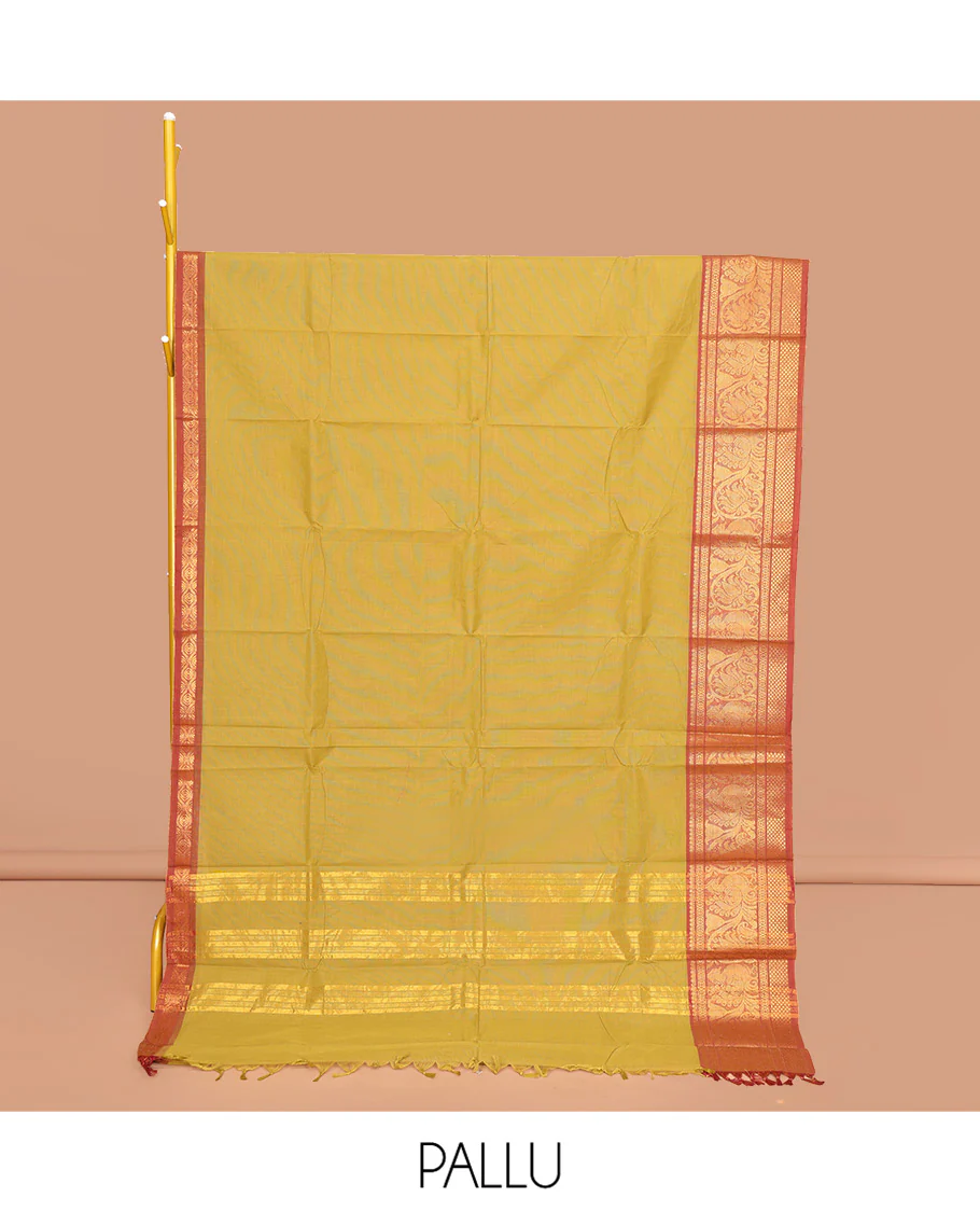 Green Plain Chettinad Cotton Saree, Complemented by a Contrast Traditional Zari Border of Peacocks, Pallu of Stripes, and Paired with a Matching Blouse - Image 2