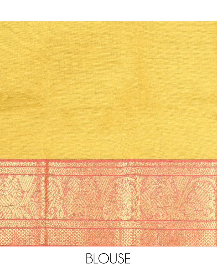 Green Plain Chettinad Cotton Saree, Complemented by a Contrast Traditional Zari Border of Peacocks, Pallu of Stripes, and Paired with a Matching Blouse - Image 3