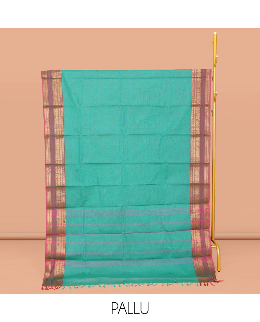 Green Plain Chettinad Cotton Saree, Complemented by a Contrast Traditional Zari Design Border, Subtly Striped Pallu, and Paired with a Matching Blouse - Image 2