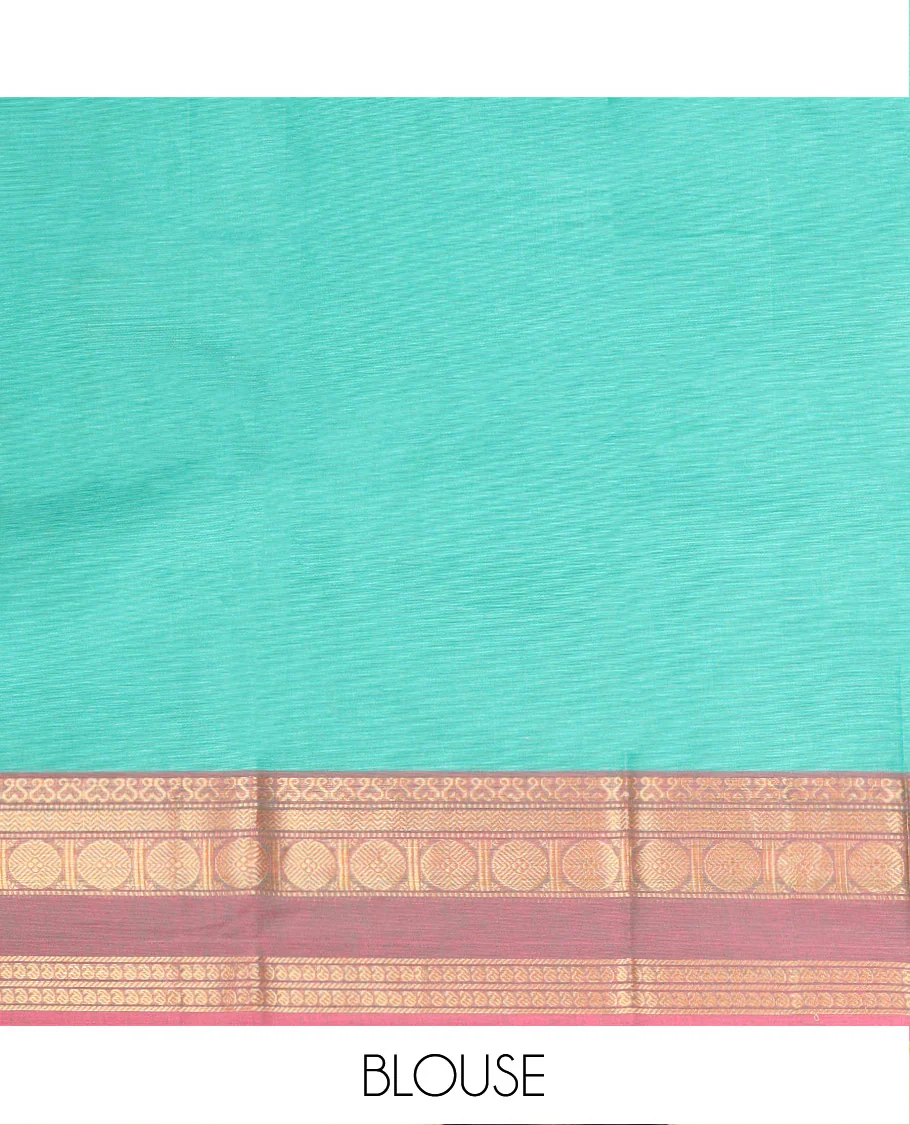 Green Plain Chettinad Cotton Saree, Complemented by a Contrast Traditional Zari Design Border, Subtly Striped Pallu, and Paired with a Matching Blouse - Image 3
