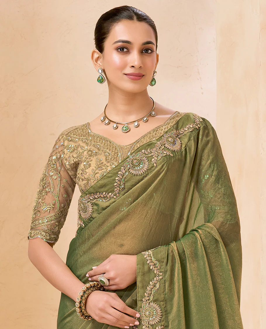 Green Plain Designer Saree, Scallop Embroidered Border, a Self-Pallu, and Paired with a Contrast Intricately Embroidered Blouse - Image 2