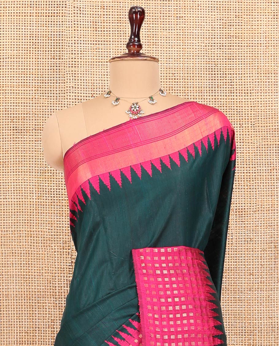 Green Plain Dupion Saree, Complemented by a Contrast Temple Border of Zari Buttas, Pallu Steeped with Buttas, and Paired with a Contrast Blouse - Image 2