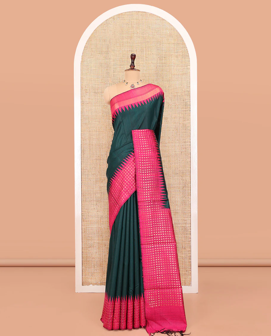 Green Plain Dupion Saree, Complemented by a Contrast Temple Border of Zari Buttas, Pallu Steeped with Buttas, and Paired with a Contrast Blouse - Image 3
