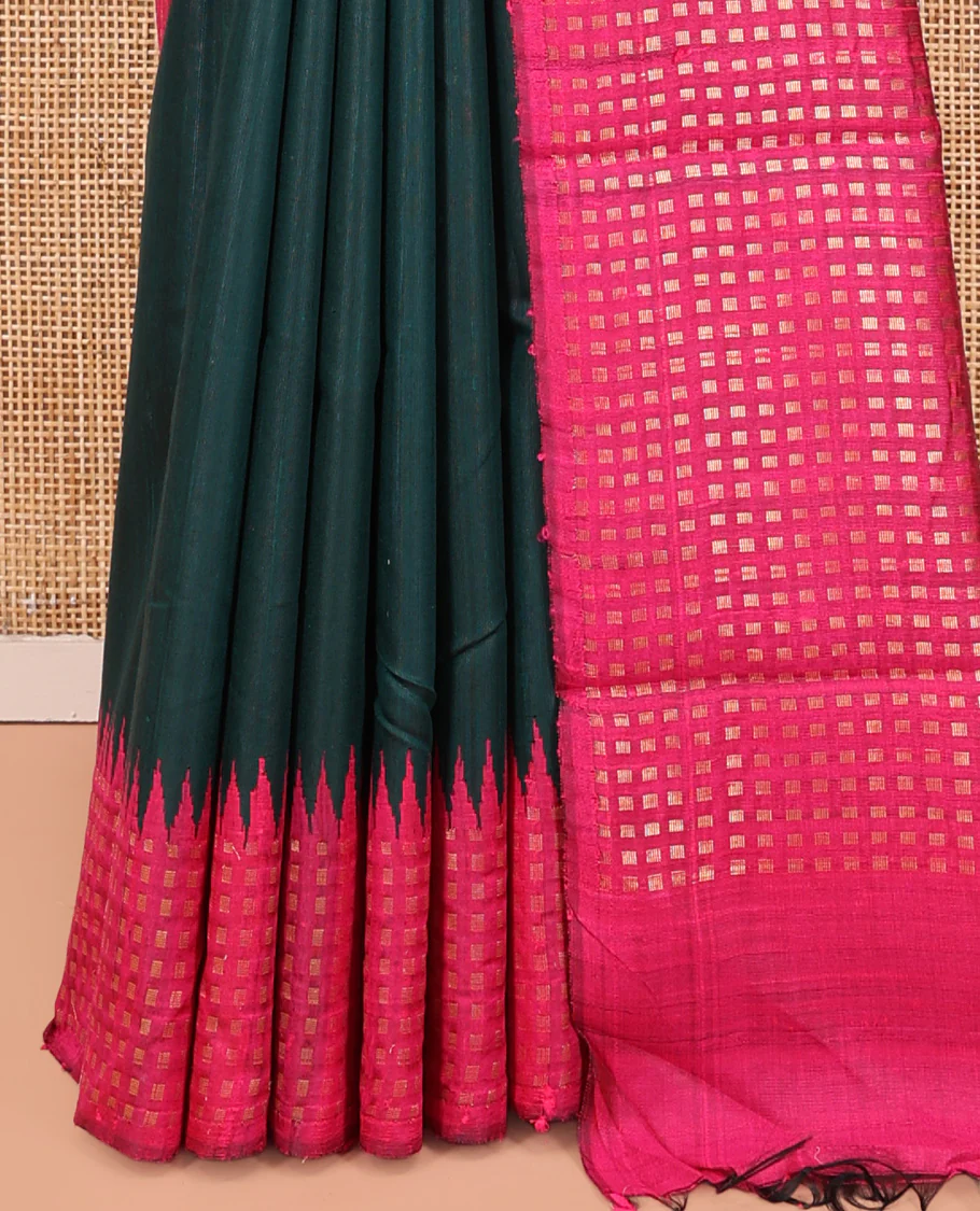 Green Plain Dupion Saree, Complemented by a Contrast Temple Border of Zari Buttas, Pallu Steeped with Buttas, and Paired with a Contrast Blouse - Image 4