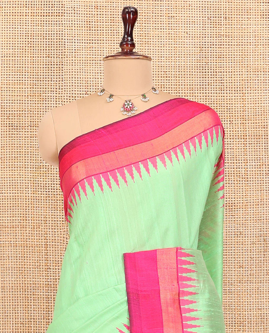Green Plain Dupion Saree, Complemented by Contrast Temple Zari Border, Gleaming Zari Design Pallu, and Paired with a Contrast Blouse - Image 2