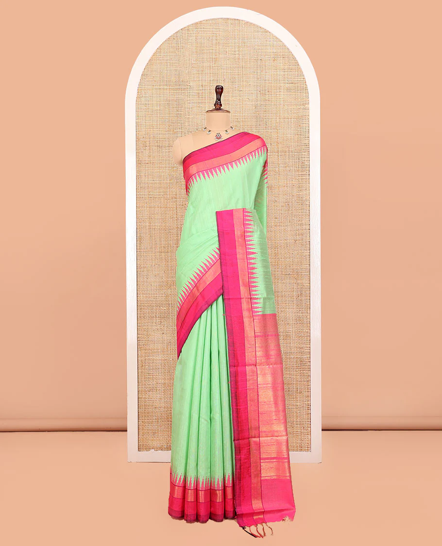Green Plain Dupion Saree, Complemented by Contrast Temple Zari Border, Gleaming Zari Design Pallu, and Paired with a Contrast Blouse - Image 3