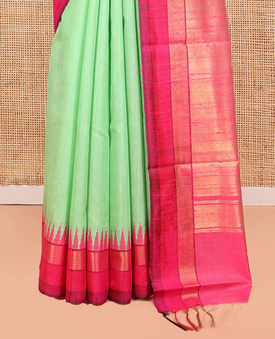 Green Plain Dupion Saree, Complemented by Contrast Temple Zari Border, Gleaming Zari Design Pallu, and Paired with a Contrast Blouse - Image 4