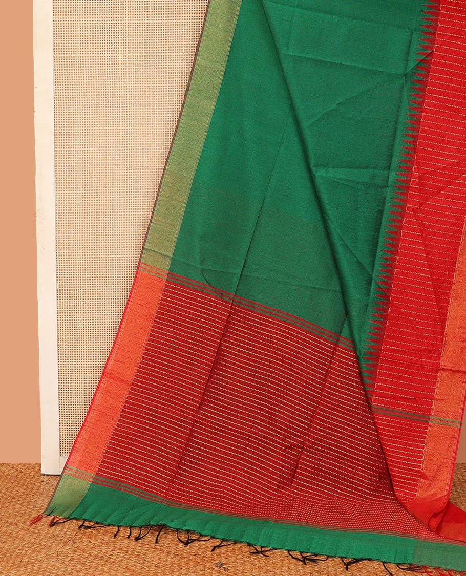 Green plain dupion saree, contrast zari striped temple border, and zari striped pallu - Image 2