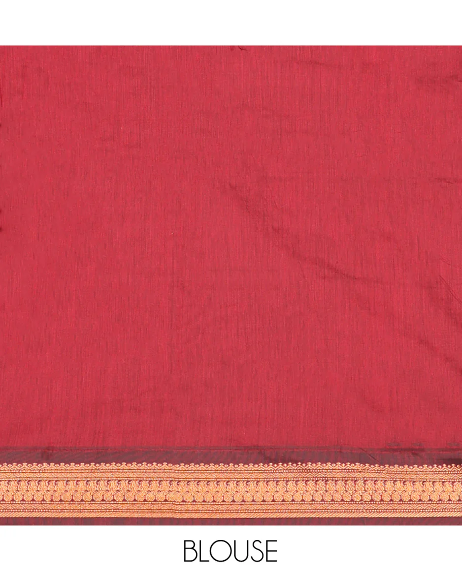 Green Plain Kalyani Cotton Saree, Complemented by a Contrast Traditional Zari Design Border, Pallu Features Traditional Zari Designs, and Paired with a Contrast Blouse - Image 3