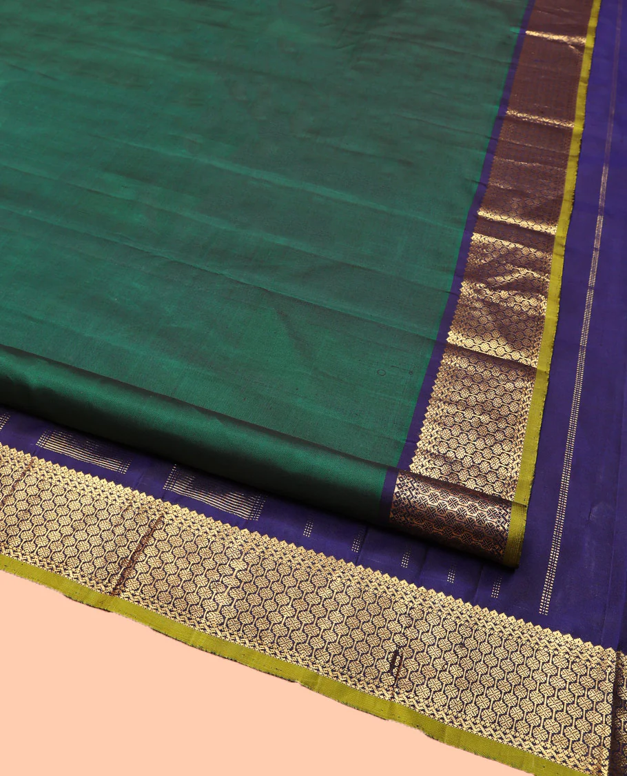 Green Plain Kanchipuram Silk Saree, Complemented by Contrast Border of Thilakam Mokku, and Rudraksham Designs, Pallu of Zari Designs, and Paired with a Contrast Blouse - Image 2