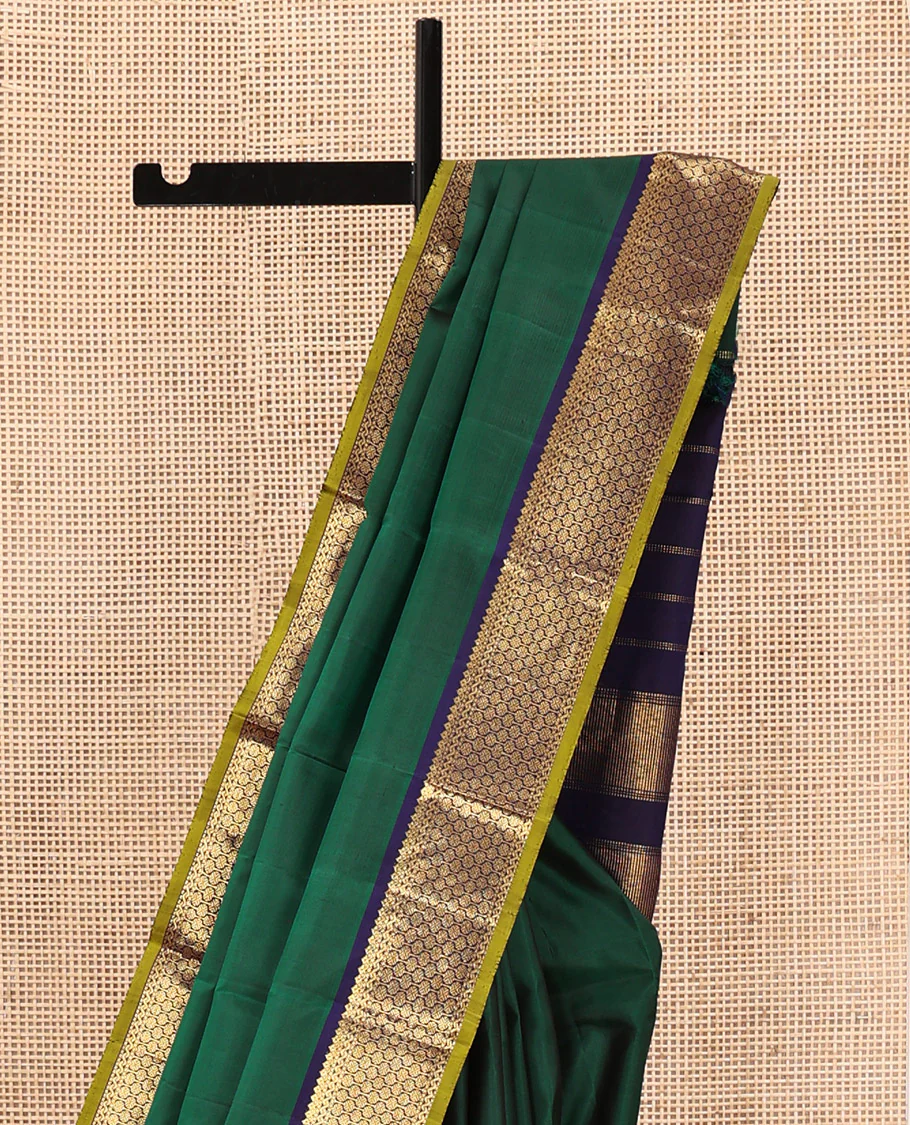 Green Plain Kanchipuram Silk Saree, Complemented by Contrast Border of Thilakam Mokku, and Rudraksham Designs, Pallu of Zari Designs, and Paired with a Contrast Blouse - Image 3