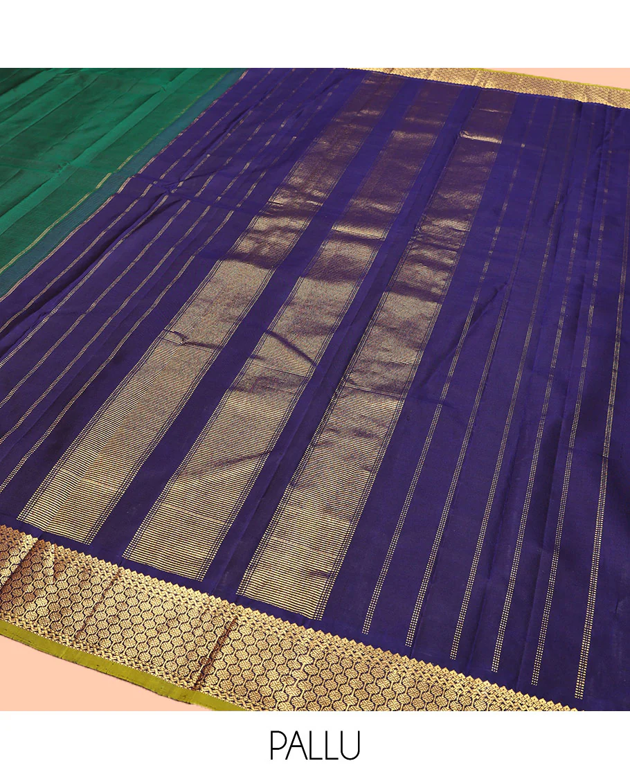 Green Plain Kanchipuram Silk Saree, Complemented by Contrast Border of Thilakam Mokku, and Rudraksham Designs, Pallu of Zari Designs, and Paired with a Contrast Blouse - Image 5