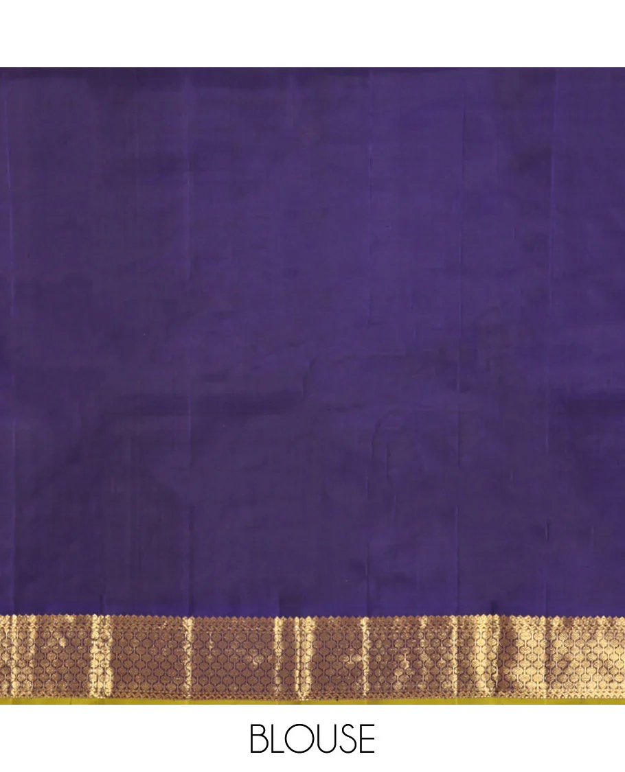Green Plain Kanchipuram Silk Saree, Complemented by Contrast Border of Thilakam Mokku, and Rudraksham Designs, Pallu of Zari Designs, and Paired with a Contrast Blouse - Image 6