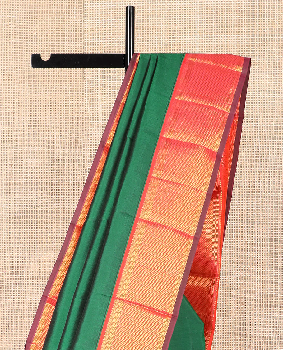 Green plain Kanchipuram silk saree, contrast border of thilakam mokku, muthu, banaras, and ara maadam designs, and ara maadam design pallu - Image 3