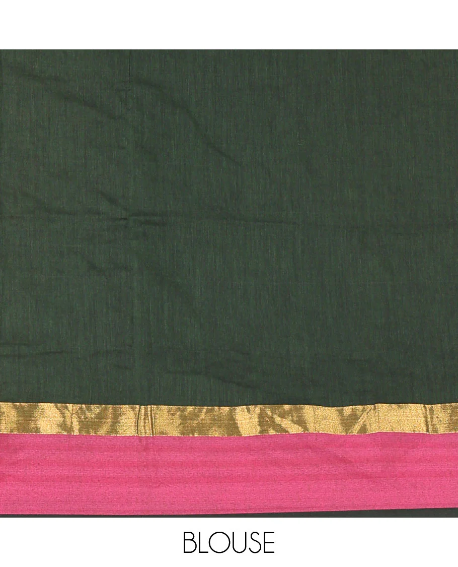Green Plain Khadi Mul Cotton Saree, Complemented by a Contrast Pink Zari Border, Plain Pallu, and Paired with a Matching Blouse - Image 3