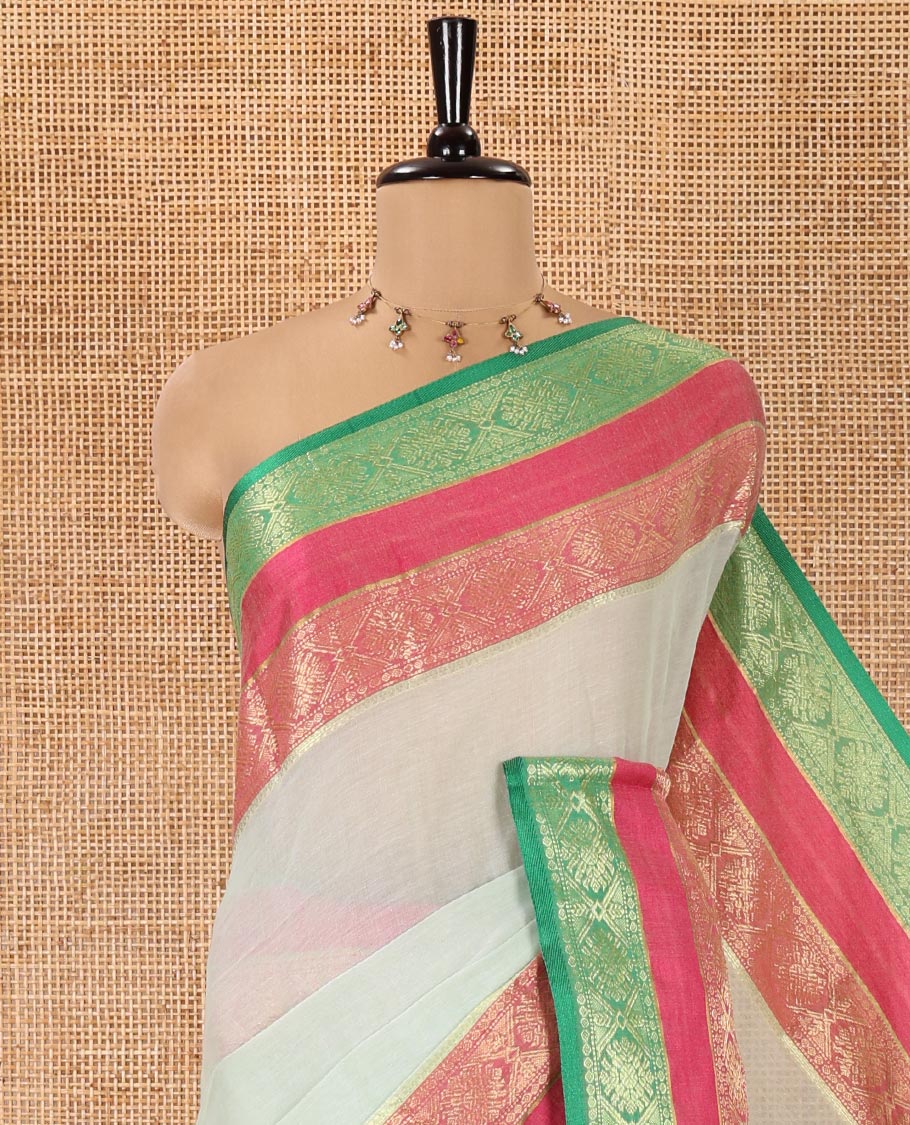 Green Plain Khadi Mul Cotton Saree, Complemented by a Contrast Rettai Pettu Traditional Diamond-Patterned Border, Plain Pallu, and Paired with a Matching Blouse - Image 2