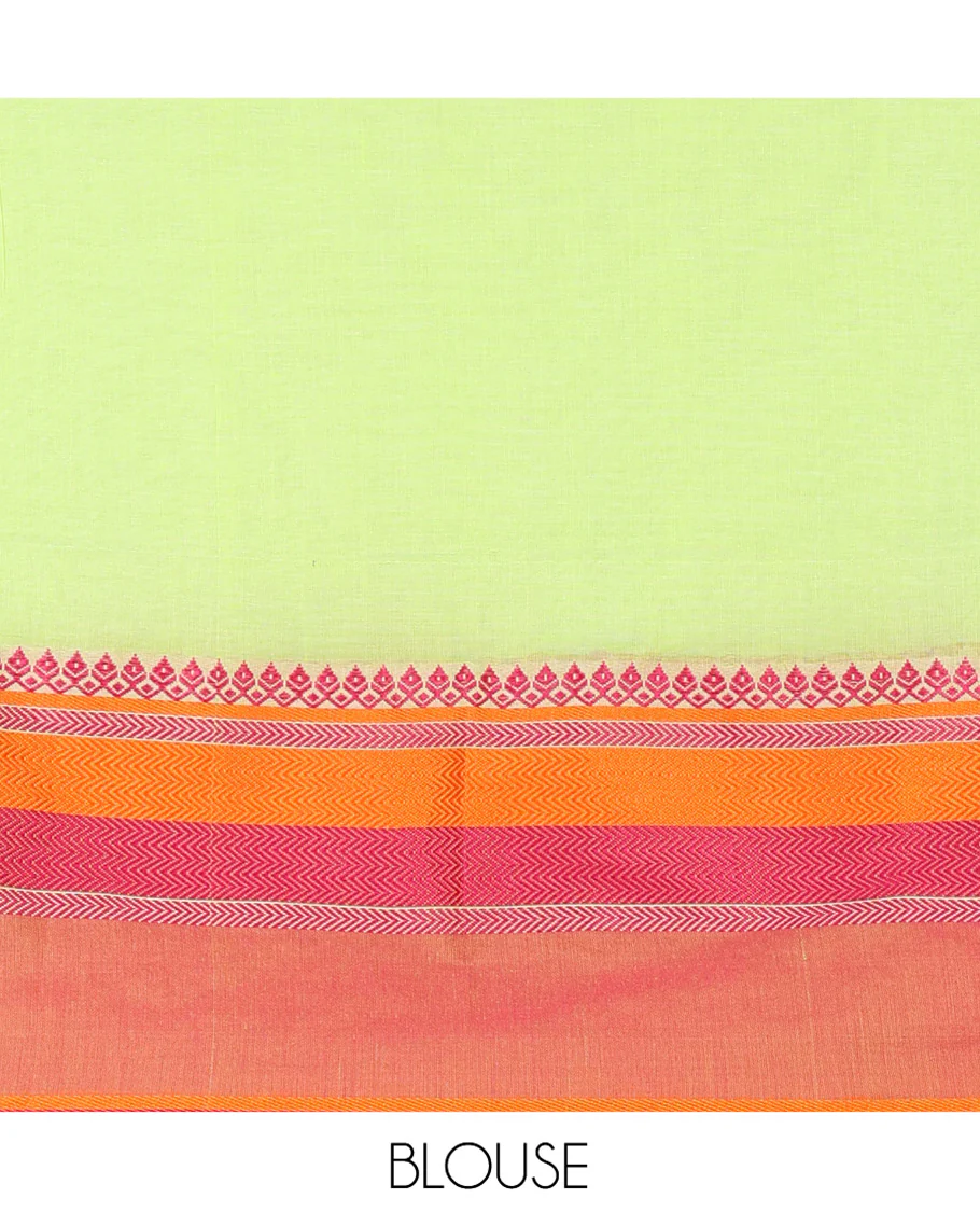 Green Plain Khadi Mul Cotton Saree, Complemented by a Contrast Thread-Woven Border of Geometric Patterns, Contrast Plain Pallu, and Paired with a Matching Blouse - Image 3