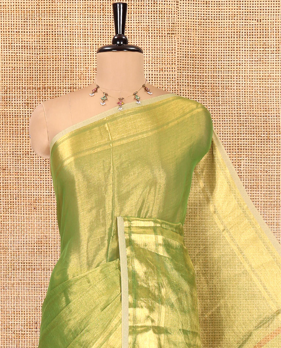 Green Plain Khadi Tissue Saree, a Gleaming Zari Bavanji Border, Golden Zari Striped Pallu, and Paired with a Matching Blouse - Image 2