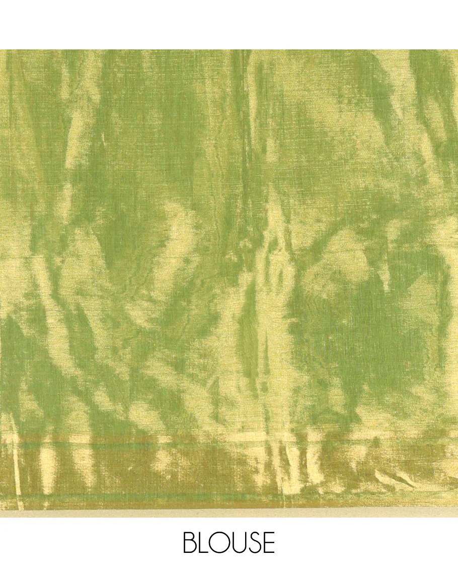 Green Plain Khadi Tissue Saree, a Gleaming Zari Bavanji Border, Golden Zari Striped Pallu, and Paired with a Matching Blouse - Image 3