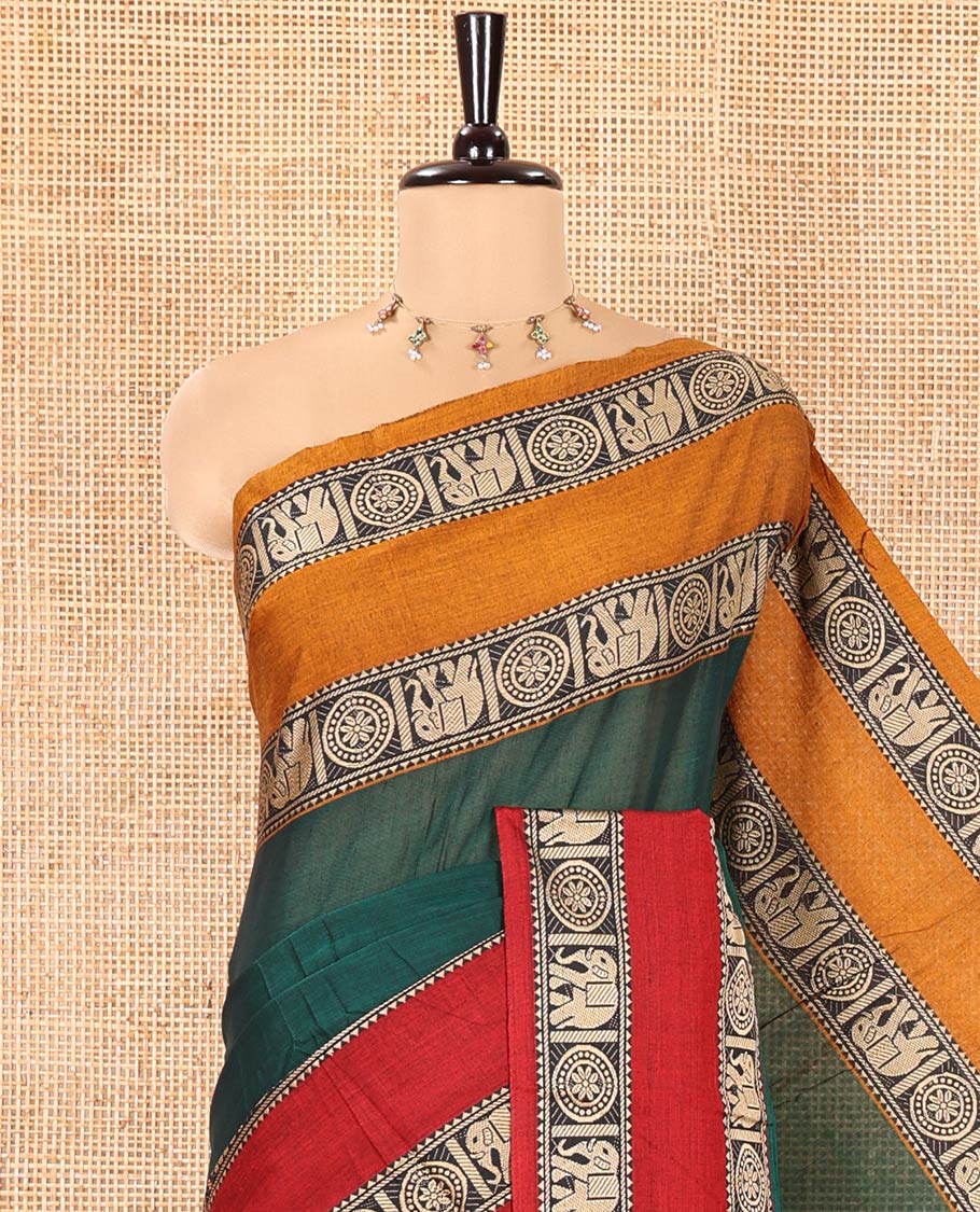Green Plain Mercerised Cotton Saree, Complemented by a Contrast Ganga-Jamuna Rettai Pettu Thread Border of Temple, Elephant, and Chakram Designs, Subtly Striped Pallu, and Paired with a Matching Blouse - Image 2