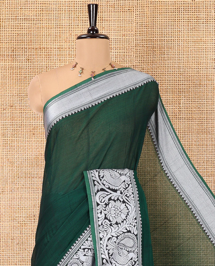 Green Plain Mercerised Cotton Saree, Highlighted by a Self-Border of Temple, Peacock, and Floral Designs,  Striped Pallu, and Paired with a Matching Blouse - Image 2
